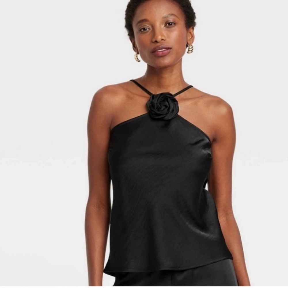 Elegant Black sleeveless Satin Tank with Floral Detail XXL